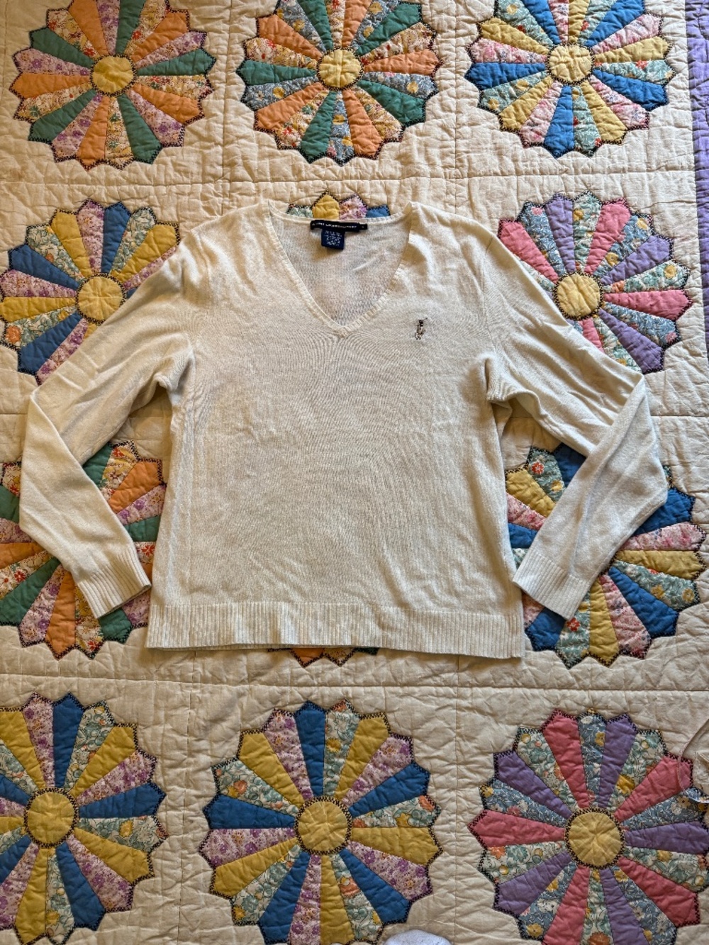Ralph Lauren Cream V-Neck Merino Wool Cashmere Blend Sweater Women Size XL